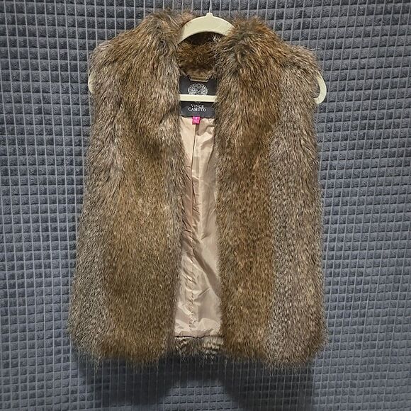 Brown Faux Fur Open Vest SzMed Vince Camuto Y2K Soft Baddie Boho Chic Glam Rock - Picture 1 of 14